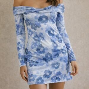 See You Monday Blue Floral Off Shoulder Bodycon Mini Dress Stretch Size Medium